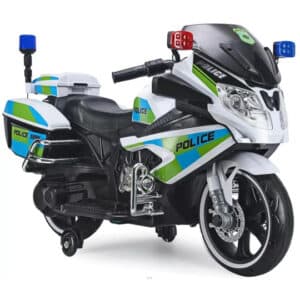 אופנוע משטרתי חשמלי POLICE 12V צבע כחול ולבן לילדים, עם אורות LED ו