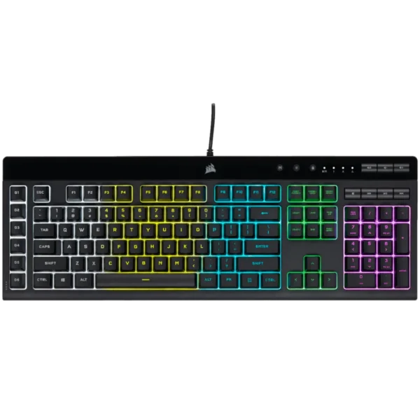 מקלדת גיימינג, Corsair K55 RGB PRO, תאורת RGB, עמידות IP42, מקשי מאקרו, iCUE, משטח נשלף, חיבור USB, עיצוב מודרני, תאימות מלאה, שדרוג לגיימרים, יתרון תחרותי