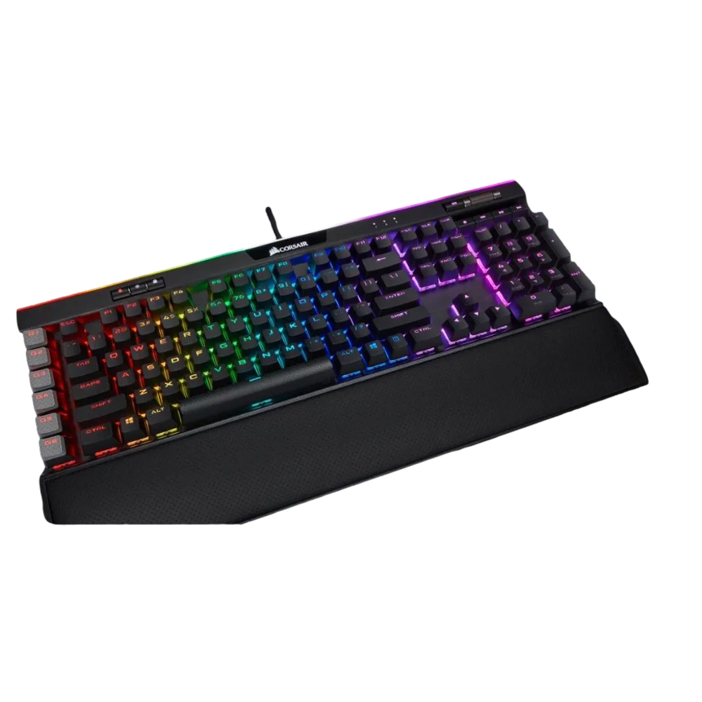 מקלדת גיימינג מכנית CORSAIR K95 PLATINUM XT בצבע שחור עם תאורת RGB מרהיבה, מקשי מאקרו ייעודיים וסוויטצ'ים CHERRY® MX Speed RGB Silver, מוצגת על רקע טכנולוגי מואר המדגיש את העוצמה והדיוק העילאי של המקלדת האולטימטיבית לגיימרים מקצועיים.